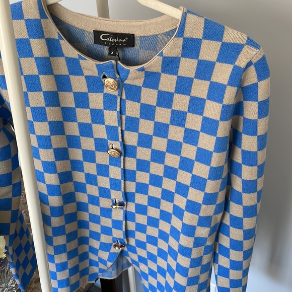 Cardigan, chessboard pattern, small, Caterina, blue, tan, beige, brand new - Picture 5 of 6